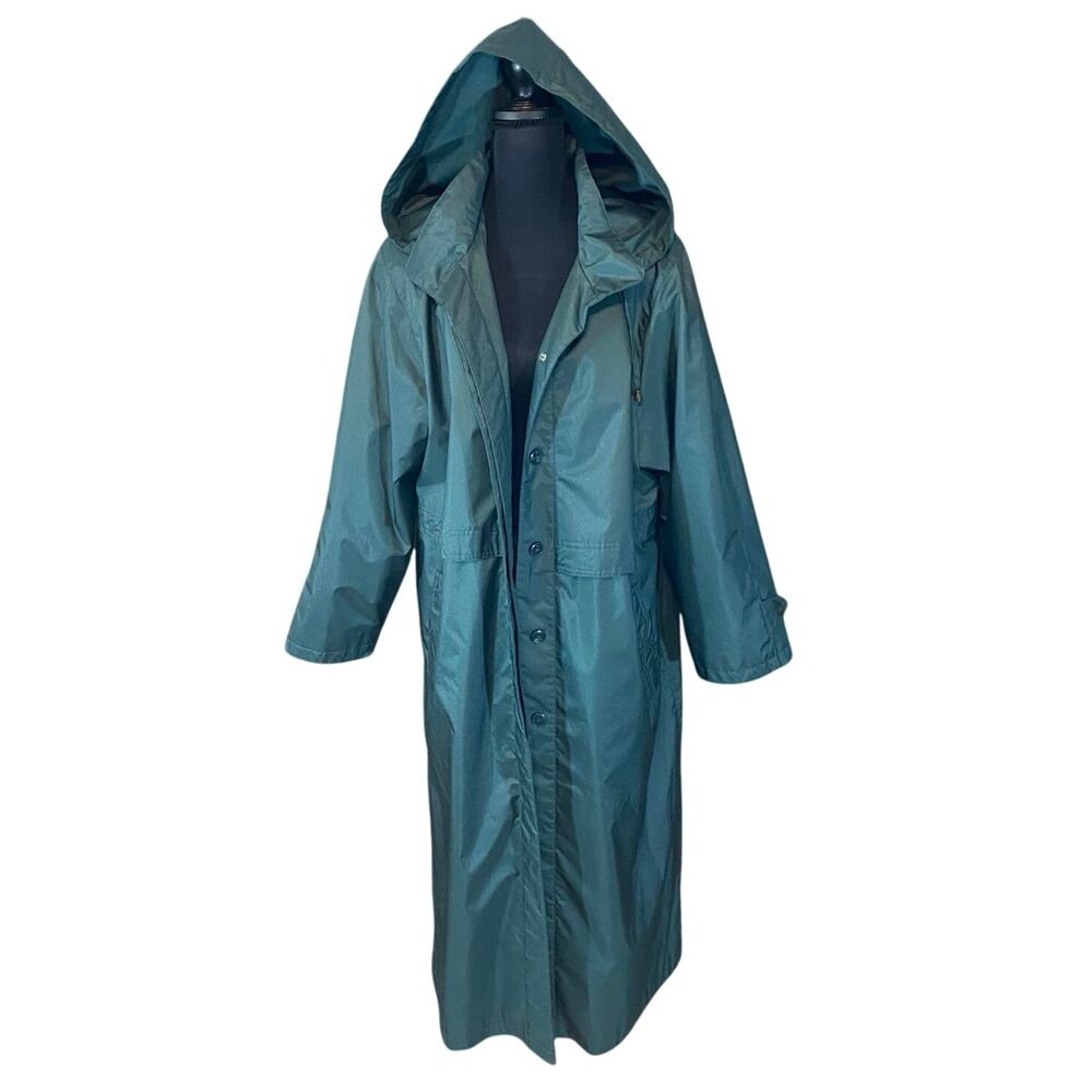 Vintage Fleet Street Green Long Trench Coat Hooded Plaid Lined Size 16 Ukraine